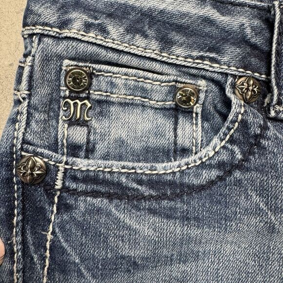 Miss Me JP5465B3 Bootcut Jeans Womens 28 Distressed Fleur-de-Lis Blue Denim - Picture 10 of 13